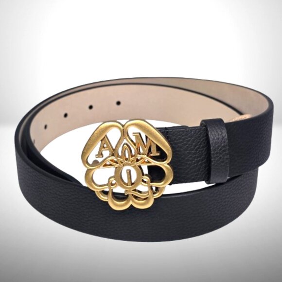 Alexander McQueen Black Pebbled Leather Belt w/ Gold “AM” Monogram Buckle — Size - Picture 4 of 8